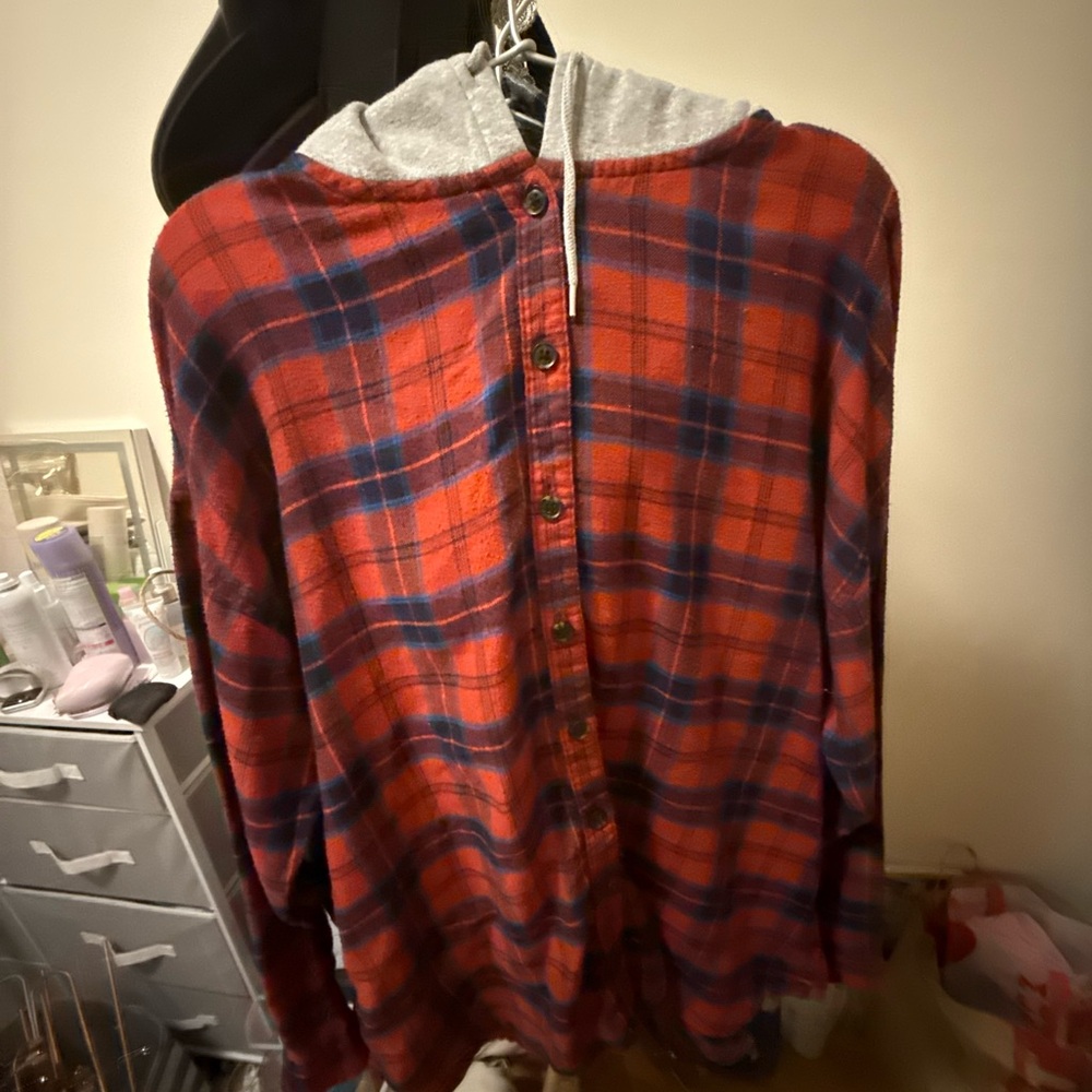 Red and Blue Plaid Button-Up Hoodie